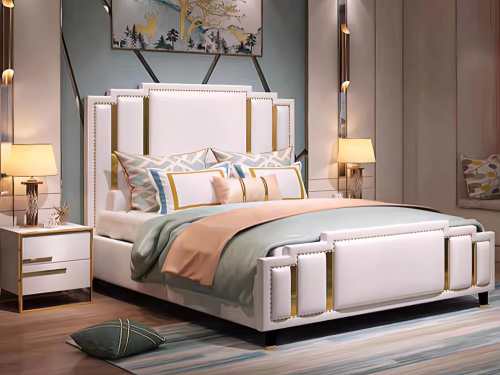 Lillian Leather Bed Frame in Cream/Grey-Queen/King