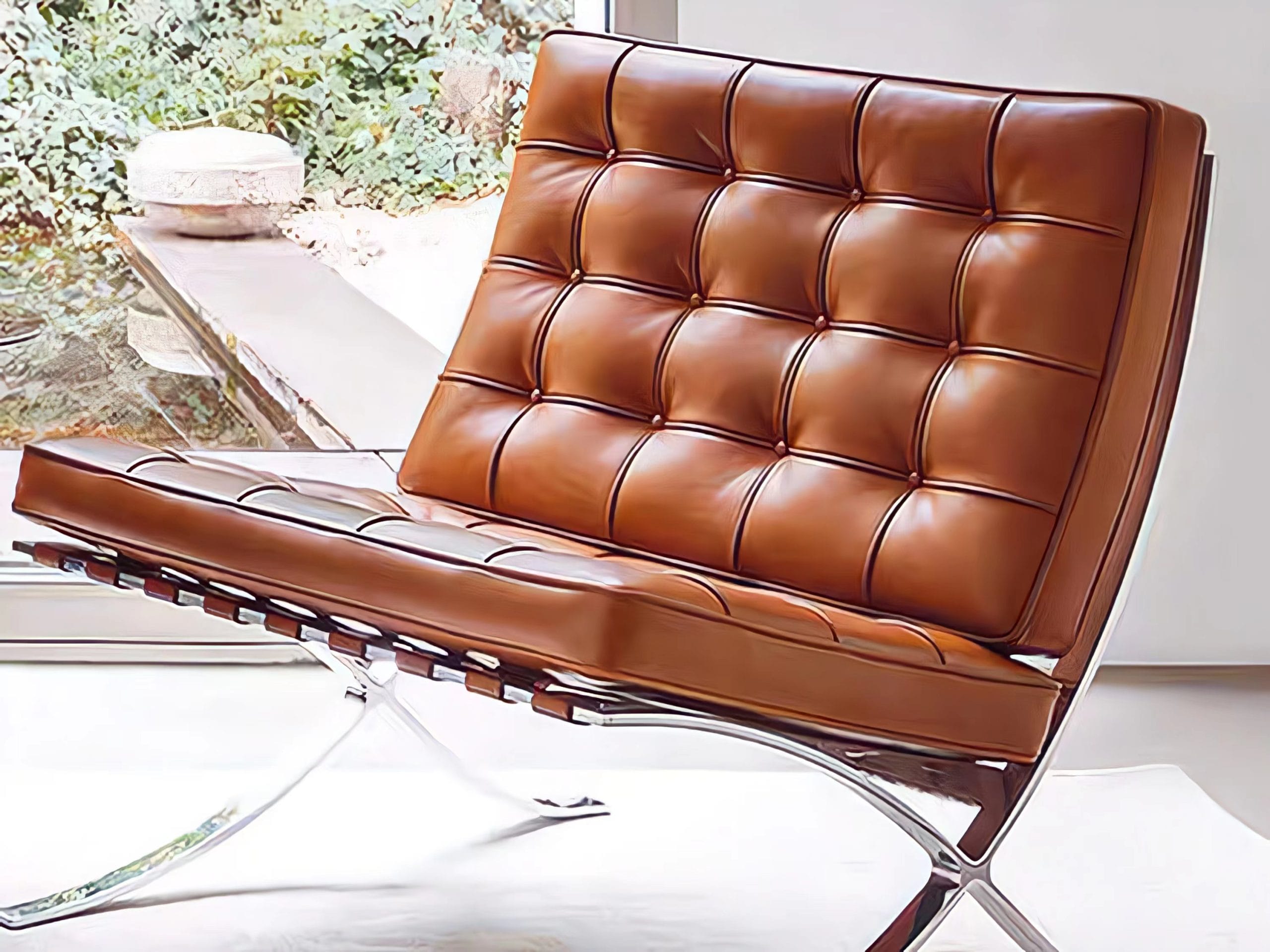 Tan leather Barcelona chair positioned near a window with natural light in a modern apartment