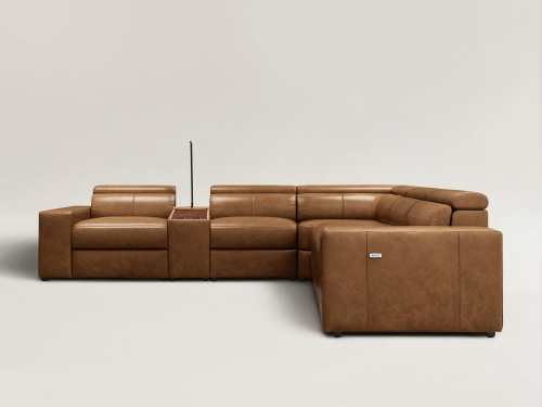 Piora Leather Modular Electric Recliners Lounge with USB chargers/Headrests/Footrests in Tan/Oatmeal/Black colour-With One Console